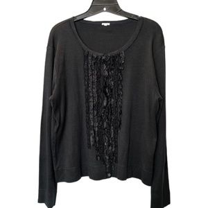 J. Crew Black Ruffle Trim Beaded Cotton and Silk Raw Edge Cardigan Sz XL